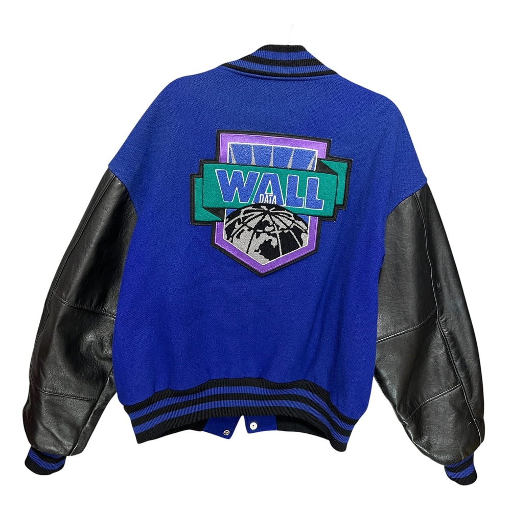 Vintage TM Athletics Wall Data Varsity Jacket XL Blue Wool Black Leather USA